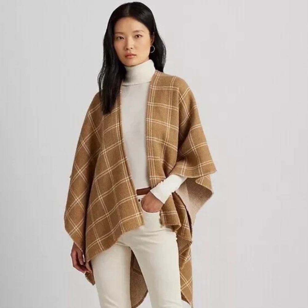 NEW Lauren Ralph Lauren Plaid Wool Blend Cape Poncho classic luxury one size